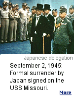Following the signing of surrender documents, Japanese delegates start to leave U.S.S. Missouri. At this moment the sky is darkened by hundreds of U.S. planes. Most Japanese remained straight faced but a few raised their faces and opened their mouths.